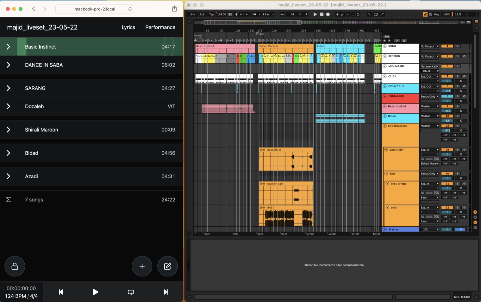 Ableton Live session with setlist control (AbleSet) and arrangement
